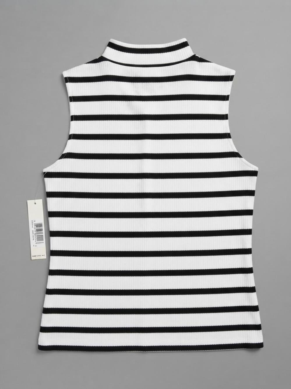 Cyrus Essentials Women Top S Bone Black Striped Mock Neck Sleeveless Casual